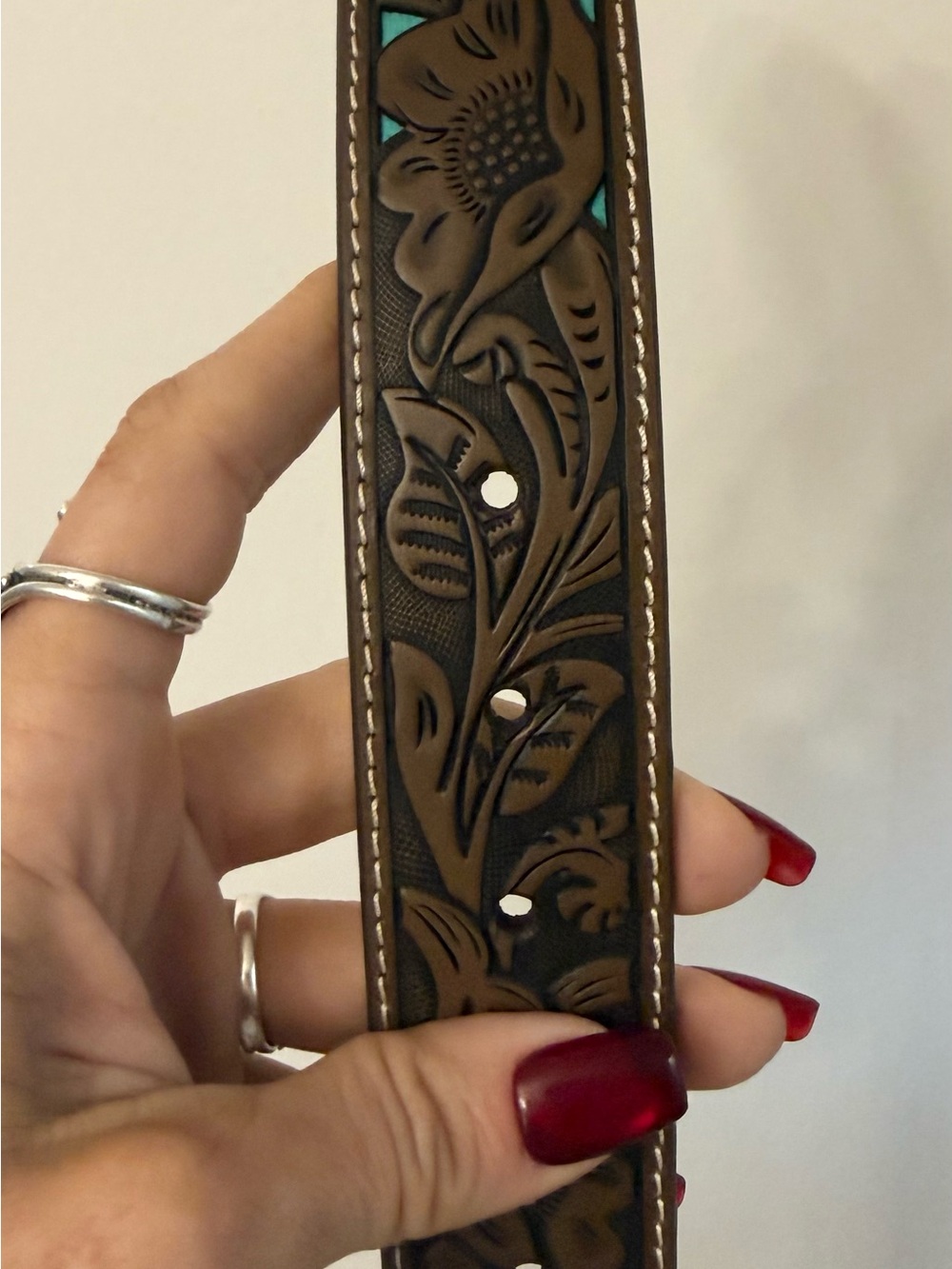 Shyanne Tooled Brown Genuine Leather Buckle Belt with Turquoise Inlay Western - Picture 6 of 7